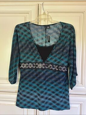Teal & Black Patterned V-Neck Blouse